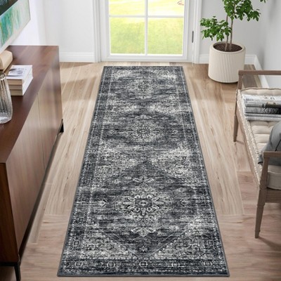 Area Rug Vintage Medallion Rug Non Slip Low Pile Soft Distressed Carpet for Living Room Dining Room Bedroom