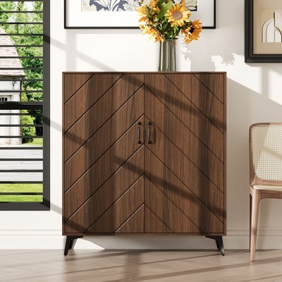 FUFU&GAGA Mid - Century Modern Wooden Buffet Storage Cabinet - 2 - Door Storage with Geometric Front Entryway Cabinet Side Cabinet