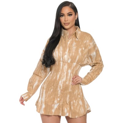Slickblue Women's Mini Dress, Stretch Denim Ruched Detail, Button Front Casual Style, Tie Dye Taupe, Size S-L