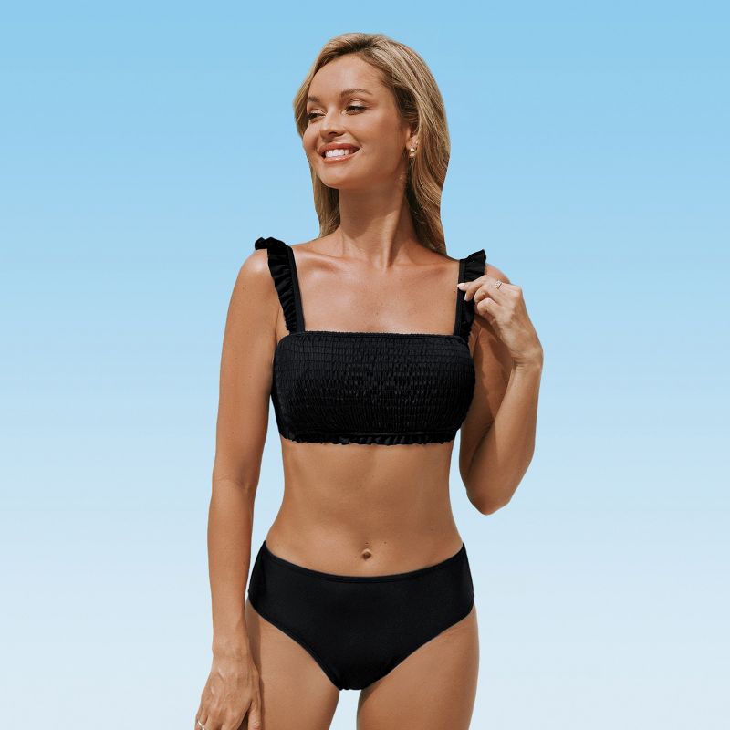 Women's Black Smocked Square Neck Mid Rise Bikini Sets Swimsuit - Cupshe, 1 of 6