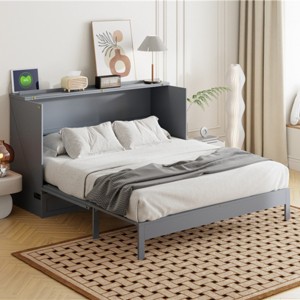 Queen Size Murphy Bed with USB Port and Storage Drawers, Foldable Wood Cabinet Bed for Guest Room-Baofuwish - 1 of 4