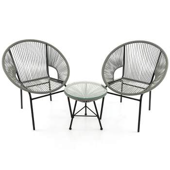 Tangkula 3 Pieces Acapulco Chair Set Wicker Conversation Bistro Set w/ Tempered Glass Table
