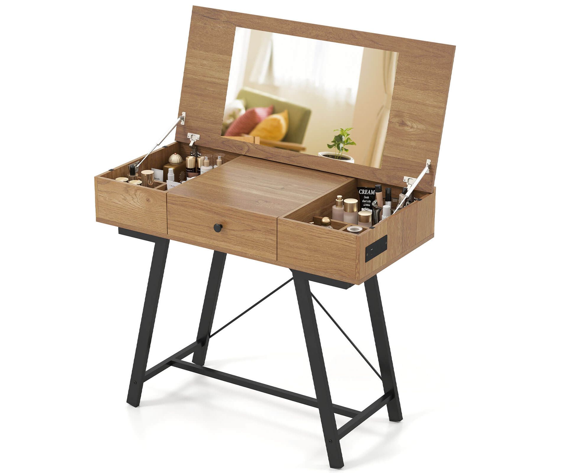 Costway Vanity Desk with Flip Top Mirror Makeup Dressing Table with Power Outlets Drawer