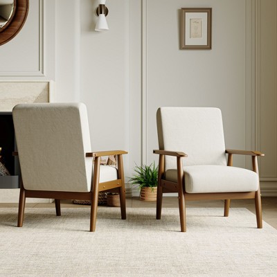Tree City - Mid-Century Modern Linen Accent Chair with Solid Wood Frame, Beige