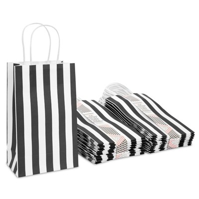 Sparkle and Bash 50 Pack Black Striped Party Favor Paper Gift Bags with Handles for Birthday