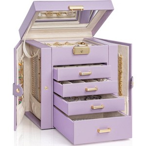 4-Tier Leather Jewelry Box with 3 Drawers Lockable Mirror and Organizer - 1 of 4