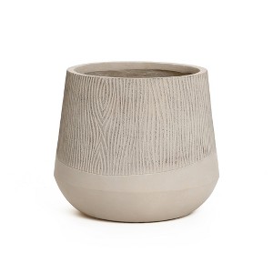 LuxenHome 17" Dia Concrete Round Tapered Planter Large Outdoor Indoor Plant Pot Distressed Wood Pattern Planter Pot for Home Garden Patio Brown - 1 of 4