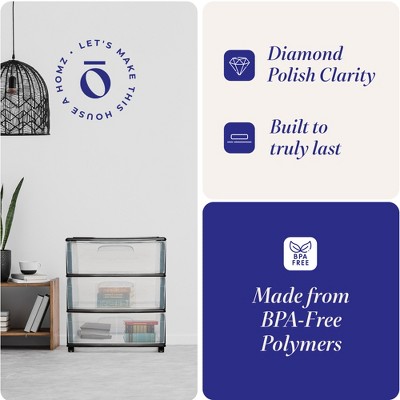 Homz Black and Clear Plastic 3-Drawer Storage Cart with Wheels