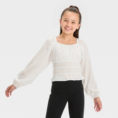 Girls' Long Sleeve Ruched Waist Woven Blouse Top - Art Class™ White Xl :  Target