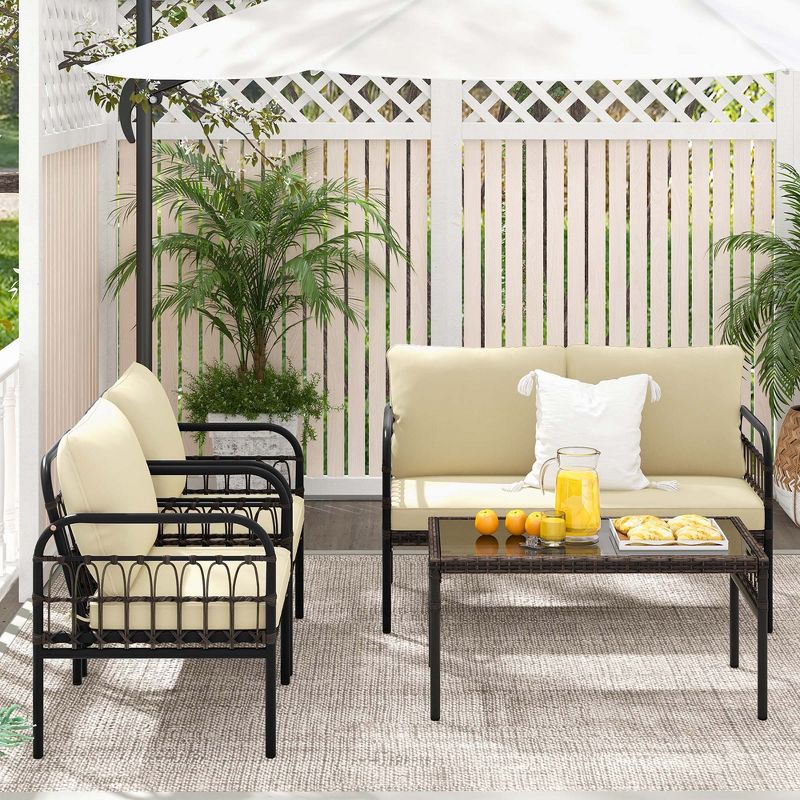 Costway 4 PCS Patio Furniture Set Outdoor Wicker Conversation Bistro Set with Soft Cushions, 5 of 11