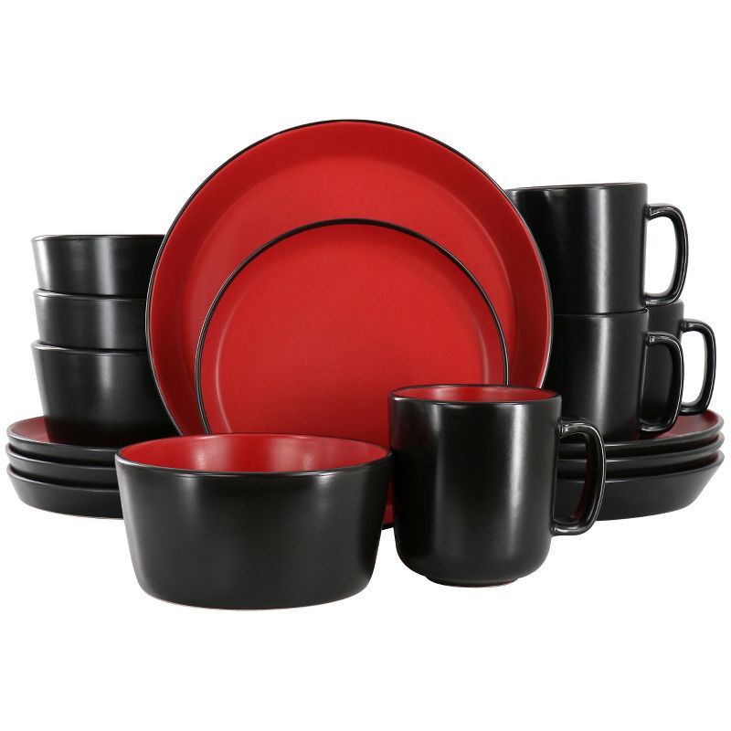 Elama Bacarra 16 Piece Stoneware Dinnerware Set in Two Tone Black and Red, 1 of 10