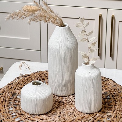 White Textured Ceramic Boho Bud Vase Set of 3