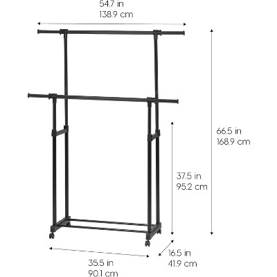 Adjustable Black Metal Double Rod Clothes Rack with Wheels