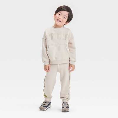 Grayson Mini Toddler Boys' West Coast Fleece Crewneck and Jogger Pants Set- Beige