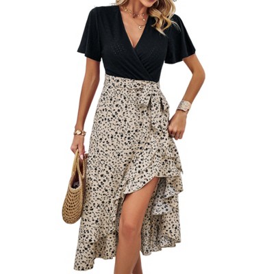 Clearlove Women's Summer Floral Printed Wrap V Neck Wrap Short Sleeve Beach Party Flowy Ruffle Midi Dresses