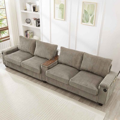 4-Seater Sofa Couch with Hidden Arm Storage, Sofa with USB Ports and Flip-Top Cup Holders, Corduroy Sofa with Plywood Frame-Cuddlewood