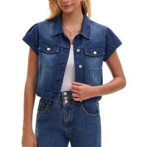INSPIRE CHIC Women's Denim Cap Sleeve Button Down Turndown Collar Classic Cropped Jean Jackets - 1 of 4