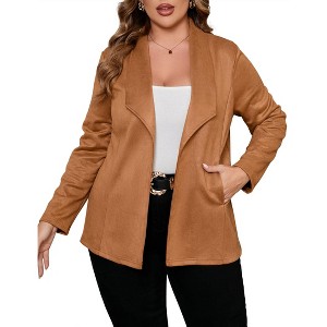 Plus Size Women's Suede Jacket Long Sleeve Casual Blazer Coat Soft Faux Leather Outerwear - 1 of 4