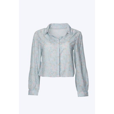 Women's CROPPED FLORAL-PRINT PLEATED CHIFFON BLOUSE - SUN IMPERIAL