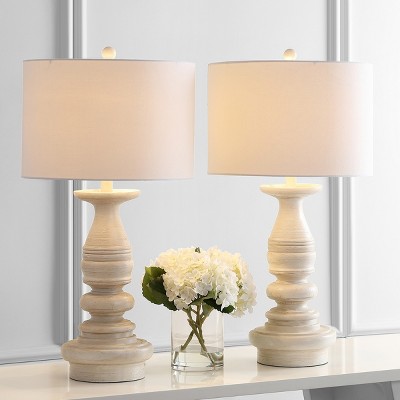 Jareth White Wash Traditional Table Lamp Set with Cotton Shade