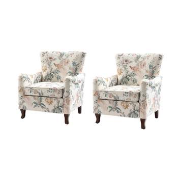 Set of 2 Vincent Wooden Upholstered Armchair with Fabric Pattern and Wingback Design for Bedroom| ARTFUL LIVING DESIGN