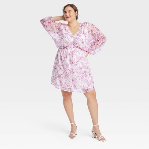 Women's Balloon Sleeve Mini Dress - A New Day™ Cream/purple Floral