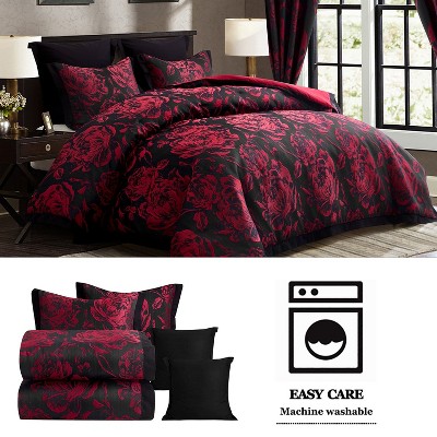 HIG 7-Piece Burgundy Jacquard Bed in a Bag, Queen Size Comforter Set with Floral Damask Design, Red Rose Patchwork Bedding, Shams & Window Panels — фото 2