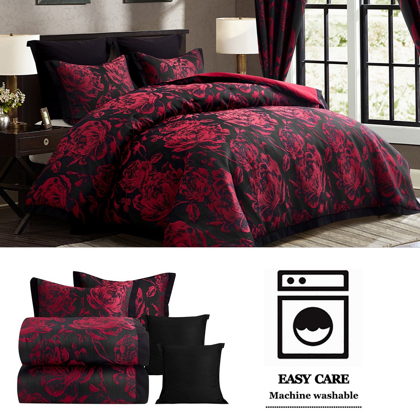 Комплект постельного белья HIG 7-Piece Burgundy Jacquard Bed in a Bag, Queen Size Comforter Set with Floral Damask Design, Red Rose Patchwork Bedding, Shams & Window Panels, цвет: Бордовый — фото 2