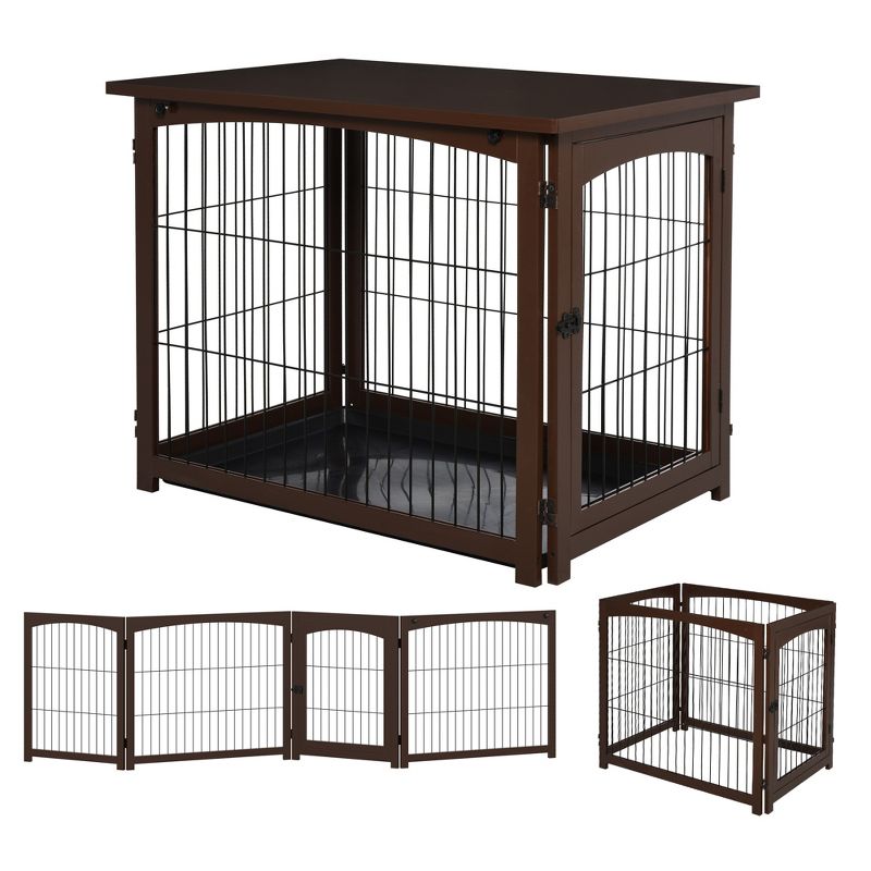PawHut Wooden Decorative Dog Cage Pet Crate with Fence Side Table Small Animal House and Tabletop, Brown, 1 of 10