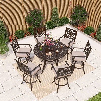 Captiva Designs 7pc Cast Aluminum Bar Height Patio Dining Set with Round Table with Umbrella Hole & Swivel Stools