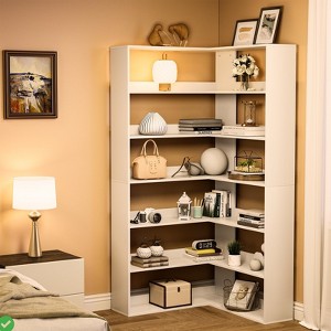6-Tier Corner Bookcase – L-Shaped Woodgrain Open Display Shelf with Side Panels for Living Room & Home Office - 1 of 4