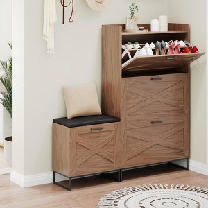 Hidden Shoe Storage with 4 Flip Drawers, Wooden Shoe Organizer Cabinet with Farmhouse Doors Brown - 1 of 4