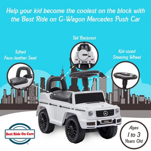 Best Ride On Cars Kids Outdoor Stroller Mercedes G Wagon Push Car with Working Lights Horn and Music for Ages 1 to 3 years White