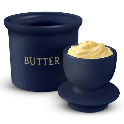 Navy Blue Ceramic Butter Keeper Dish with Lid