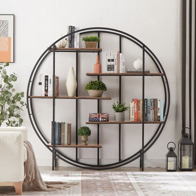 67" Round 5-Tier Metal Plant Stand and Bookcase,Industrial Display Shelf for Balcony or Office–The Pop Home
