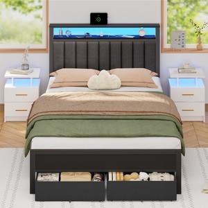 Furnulem Metal Storage Bed Frame with LED Light and Charging Station and LED Lights, Grey Upholstered Headboard with 2 Larger Shelves, - 1 of 4