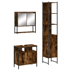 vidaXL 3-Piece Smoked Oak Bathroom Furniture Set – Engineered Wood Cabinets and Wall-Mounted Mirror, Powder-Coated Steel Accents, Moisture Resistant - 1 of 4