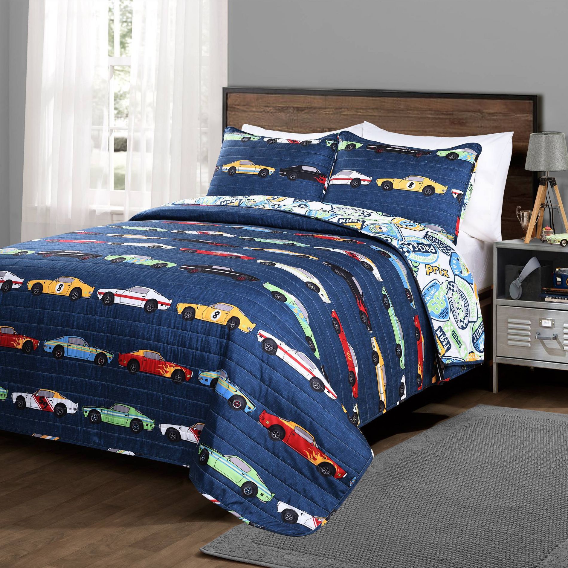 3pc Full/Queen Reversible Race Cars Kids' Bedding Set Navy - Lush Décor: Boys Bedding, Modern Vehicle Theme