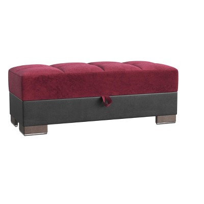 HomeRoots 52" Burgundy Black and Brown Faux Leather And Microfiber Tufted Storage Ottoman