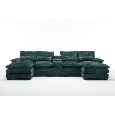 123'' Chenille U-Shaped Sectional Sofas with Console, Cupholders and USB Ports, 6-Seat Upholstered Sleeper Couch with Chaise for Living Room