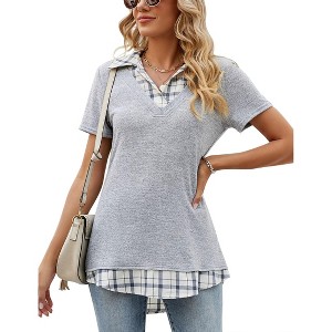 BLUEMING Womens Summer T-Shirts V Neck Faux Layering Shirts Color Block Polo Shirts Plaid Teacher Shirts - 1 of 4