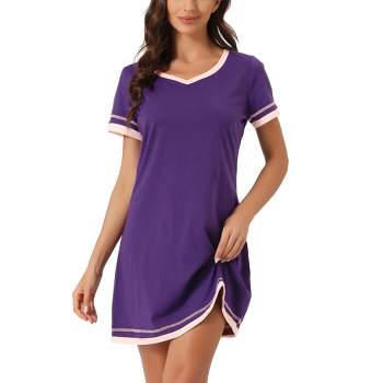cheibear Women's Short Sleeve Nightshirt Contrast Color V Neck Nightgown Sleepdress