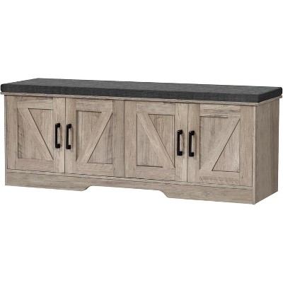 2-Tier Storage Bench with Padded Seat & Barn Doors - Entryway Shoe Organizer with Adjustable Shelf, Functional and Stylish