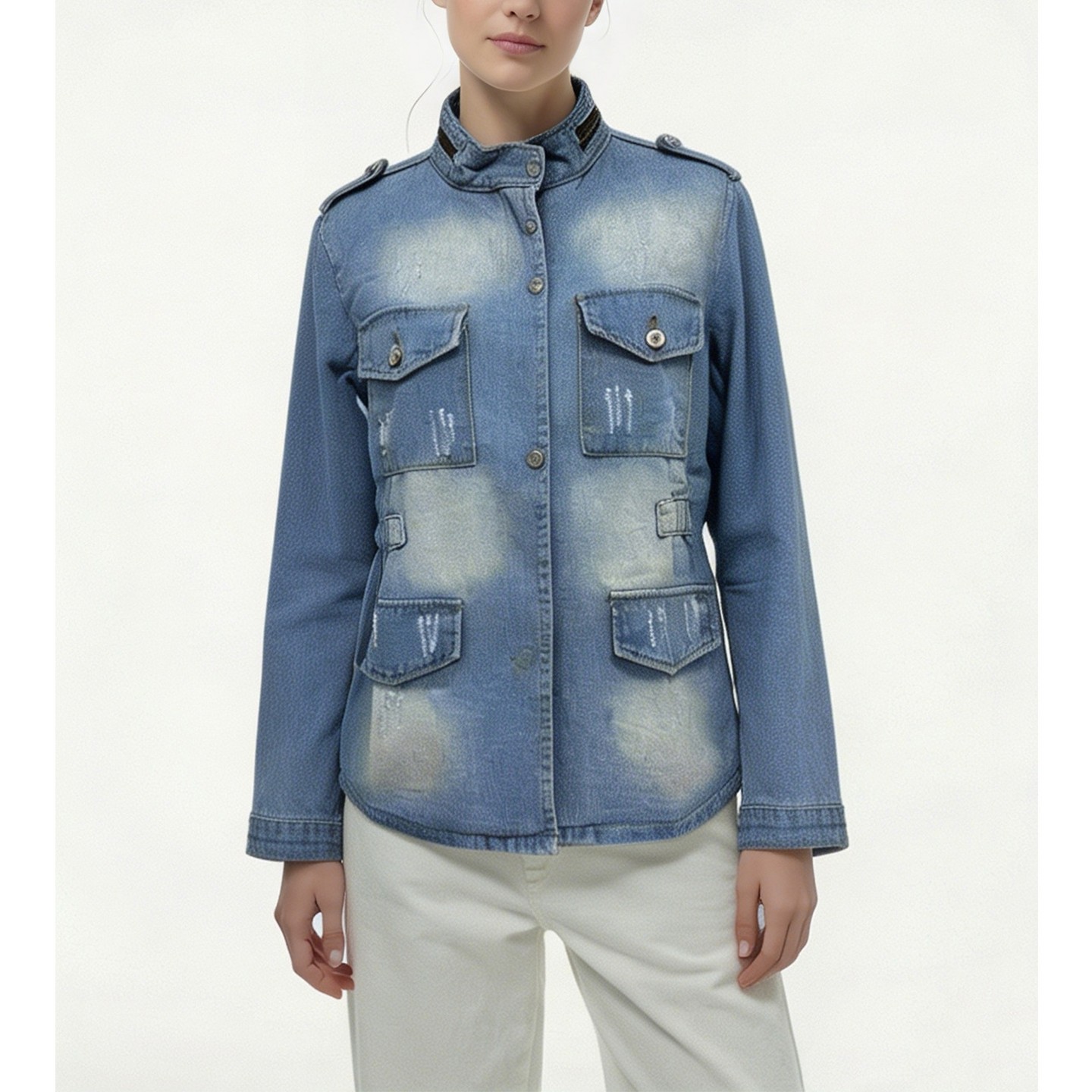 Женская куртка EadianDree Women Denim Jacket Stand Collar Epaulet Button Front Multiple Flap Pockets Outerwear, цвет: Джинсовый — фото 2