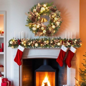 TackView 6 Ft Pre-Lit Christmas Garland, Artificial Xmas Garland with Lights, Xmas Garland with Pine Cones, for Stairs Fireplace Front Door, Gold - 1 of 4