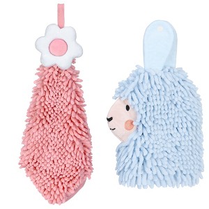 REGALWOVEN Soft Absorbent Flower Pattern and Sheep Pattern Chenille Hand Towel with Loop 6" x 15"/7" x 11" 2 Pcs - 1 of 4