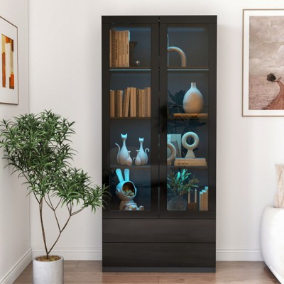 SKRAN Display Cabinet with Glass Doors, Curio Storage Cabinet with 2-Drawer, Bookcase with LED Lights, Black