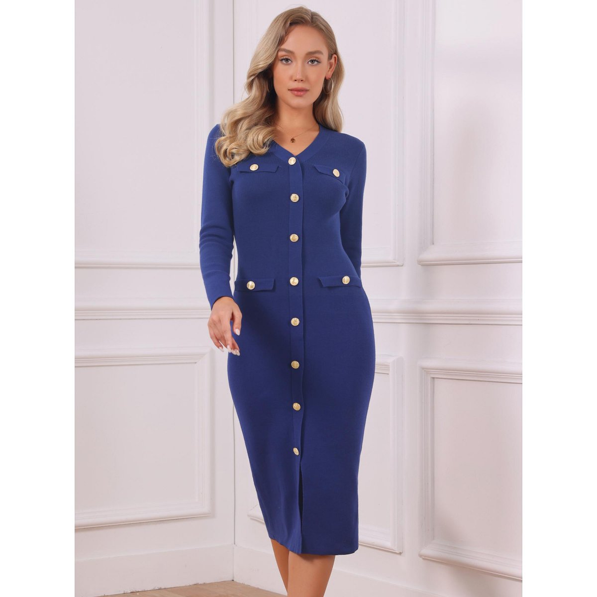 Женские платья INSPIRE CHIC Women's V Neck Long Sleeve Button Decor Knit Midi Bodycon Sweater Dress Dark Blue Small — фото 4