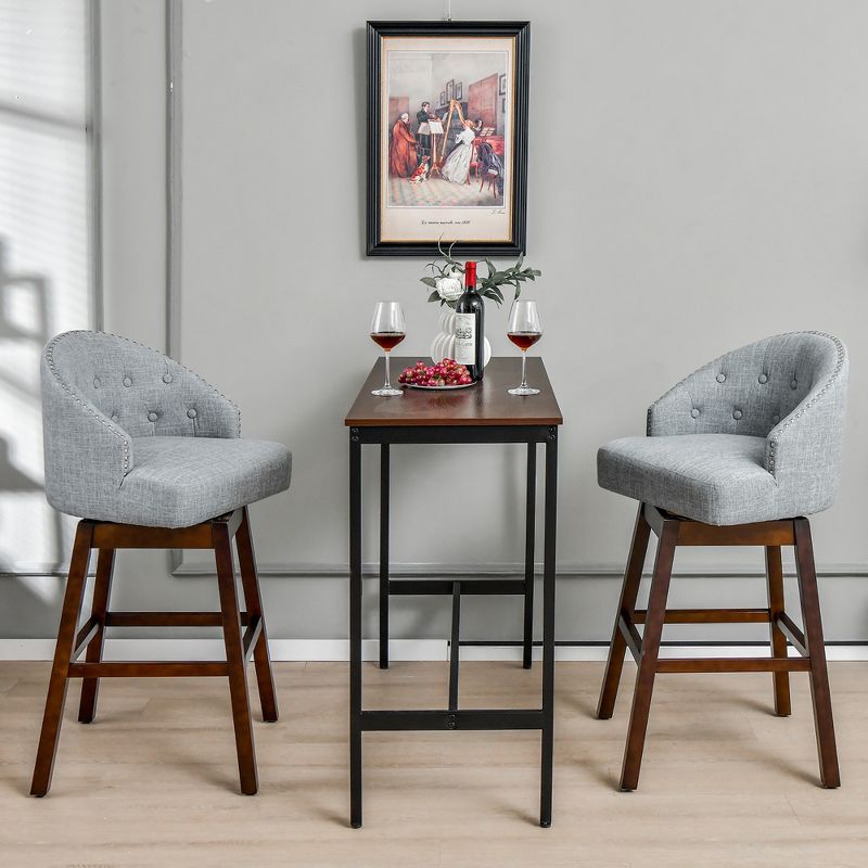 Costway Set of 2 Swivel Bar Stools Tufted Bar Height Pub Chairs with Rubber Wood Legs Grey/Beige, 4 of 10