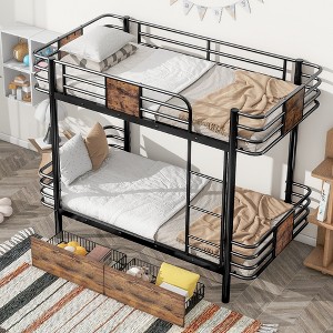 YOOCOZZ Twin XL over Twin XL Metal Bunk Bed with MDF Board Guardrail and Two Storage Drawers - 1 of 4